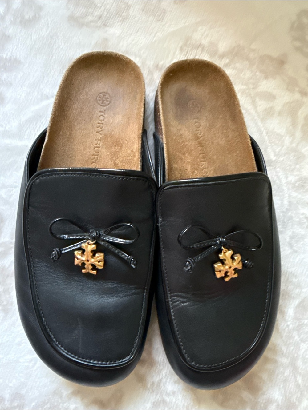 EUC Tory Burch Charm Mules Flat Slip-on Black Genuine Leather Natural Cork